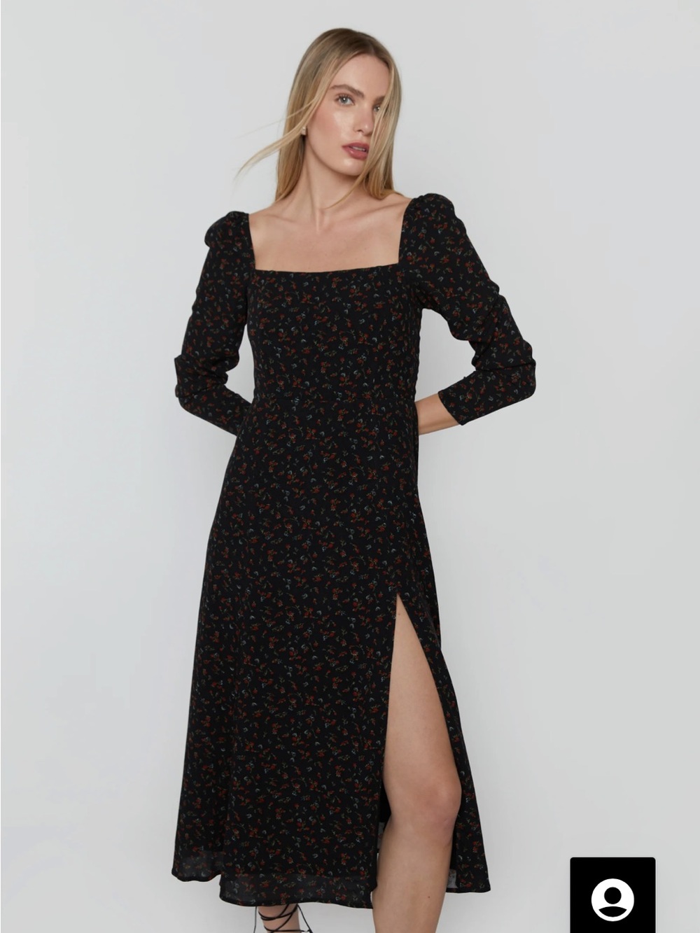 OAK + FORT Black Square-Neck Long Sleeve Midi Dress with Side Slit